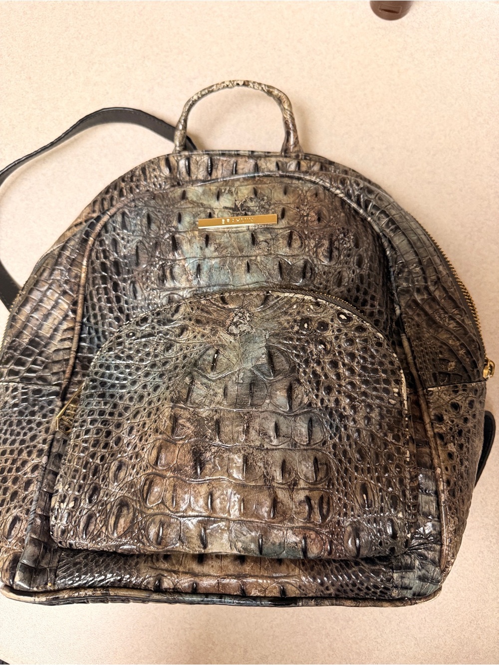 Brahmin Metallic Croc-Embossed Leather Backpack in Iridescent Bronze-Black